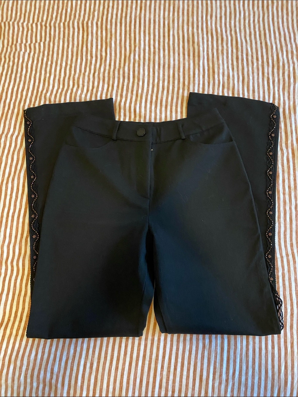St. John Black Boot-Cut Pants with Lace-Trimmed Side Panels